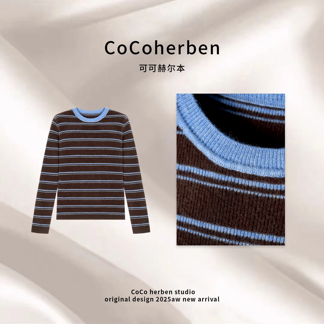 2025女条纹通勤常规毛针织衫条纹款老钱风HB1059