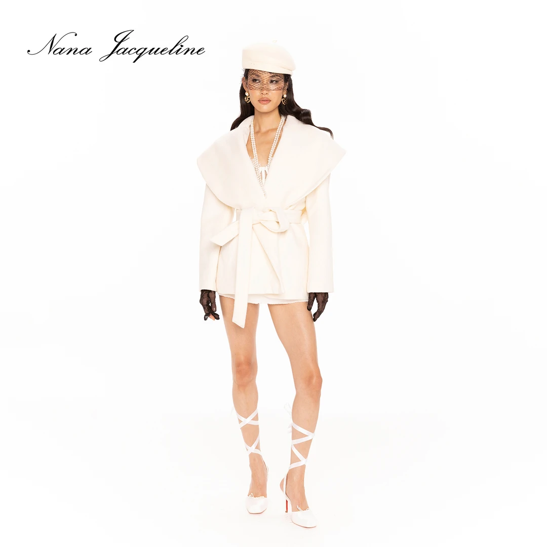 NanaJacqueline秋冬新款羊毛大衣系带宽松背后蝴蝶结大翻领外套女