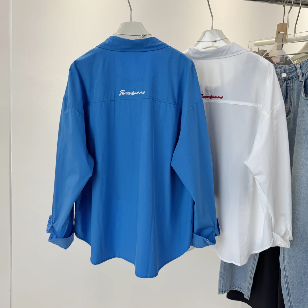 字母刺绣白色长袖衬衫女春秋新款小个子设计感宽松休闲衬衣外套潮