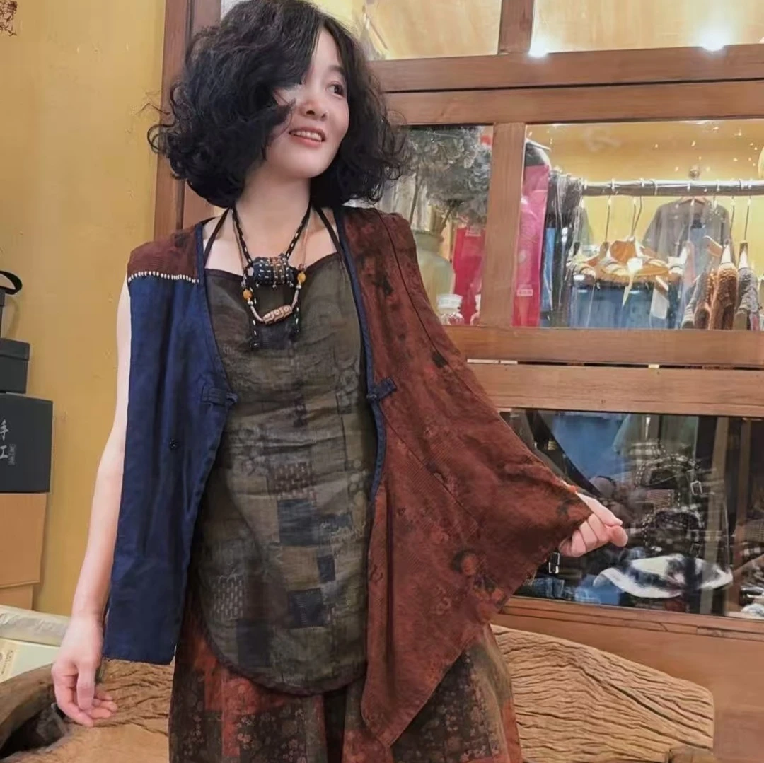 复古炒色提花麻拼接双层盘扣开衫马甲（衣长57胸围114）