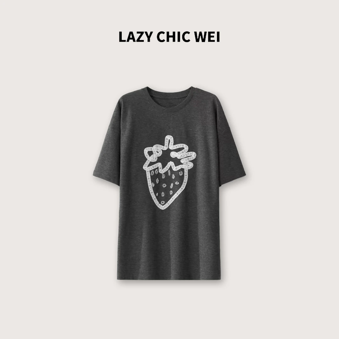 LAZY CHIC WEI 棉混纺蕾丝草莓夏季透气慵懒一手长T 25SSW1108