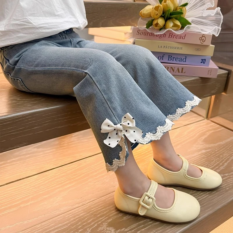 女童裤子2025春款儿童新款洋气小女孩花边开叉韩版牛仔裤微喇叭裤