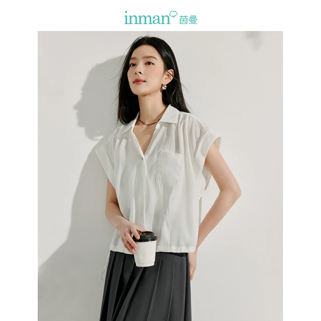【欧若假日风】茵曼通勤宽松小飞袖衬衣夏季新款法式v领薄白色衬衫