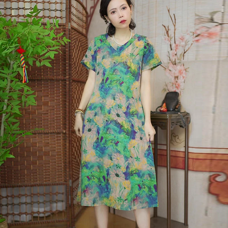 173 绿色花朵 妈妈装连衣裙夏季裙子中长款气质时尚宽松V领裙子