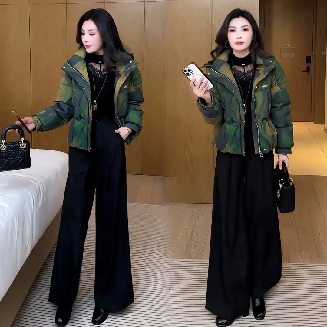 时尚立领印花短款棉服女2025冬季新款加厚保暖棉衣外套洋气棉袄潮