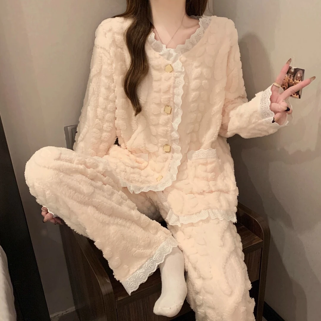 花边女款珊瑚绒加厚加绒法兰绒长袖甜美睡衣家居服套装高级感冬季