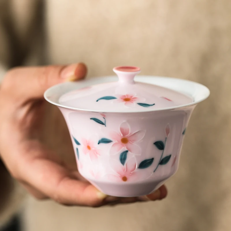 明知山志玉泥有田烧粉色治愈釉下彩手绘功夫茶具小茶碗不烫手茶碗