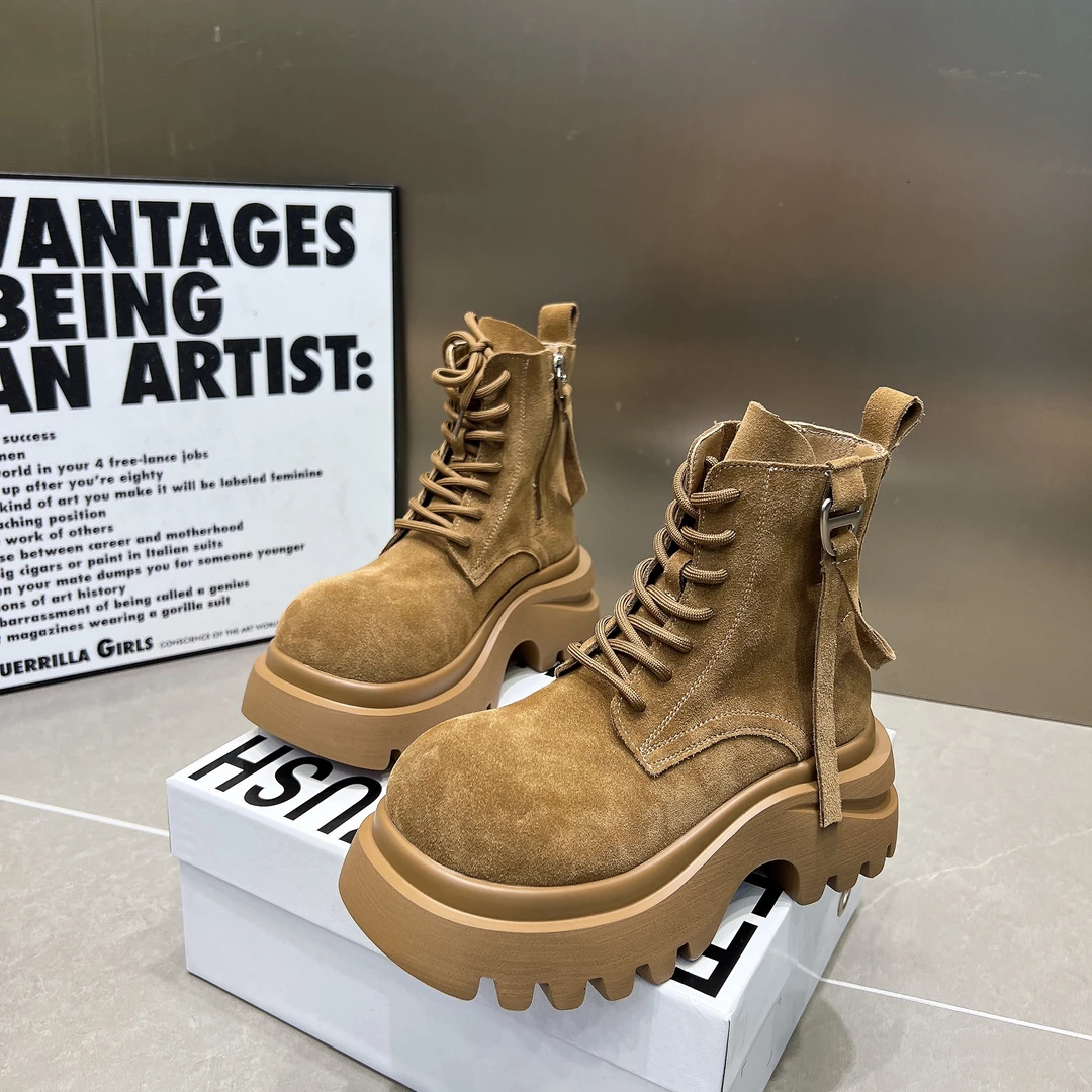 复古大黄靴飘带马丁靴女2025新款磨砂厚底松糕系带百搭短靴机车靴