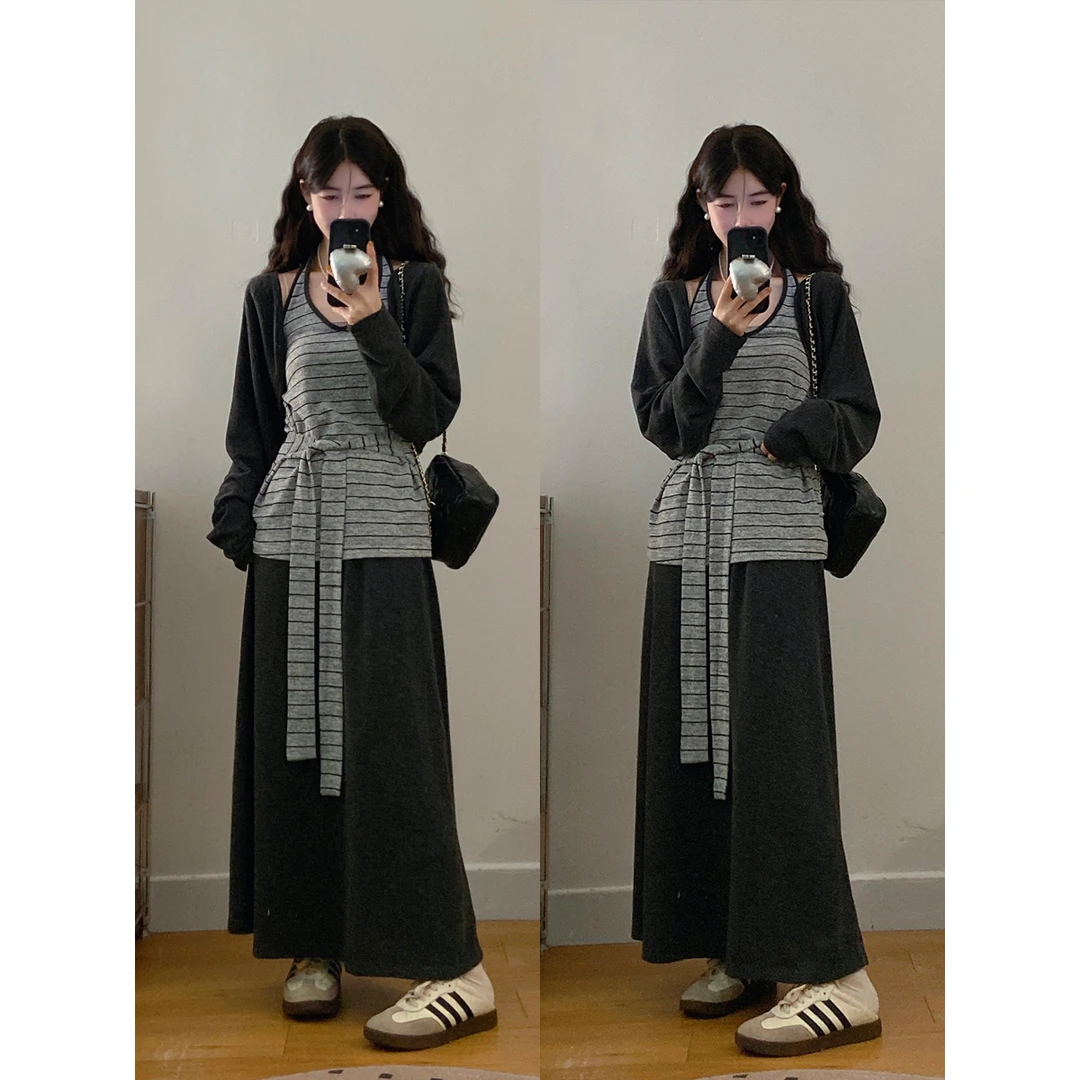 大码女装秋季慵懒风开衫条纹挂脖绑带背心+垂坠感A字裙套装