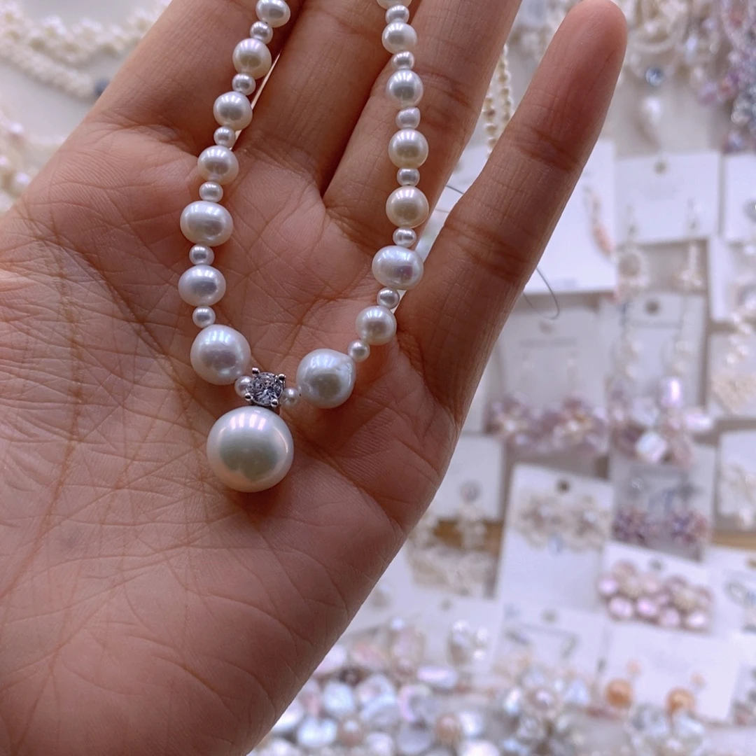 虎***泥淡水珍珠耳饰银S925镶嵌项链