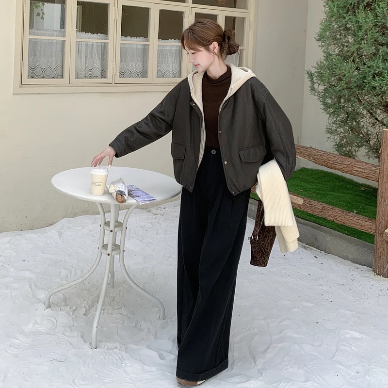 连帽长袖皮衣棉服外套女假两件2025秋冬新款黑色时尚百搭牛仔春秋