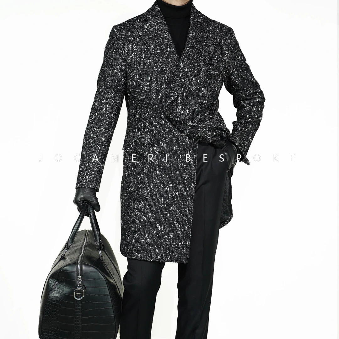 【满天星】黑灰色加厚纯羊毛粗花呢双排扣修身中长款毛呢秋冬大衣