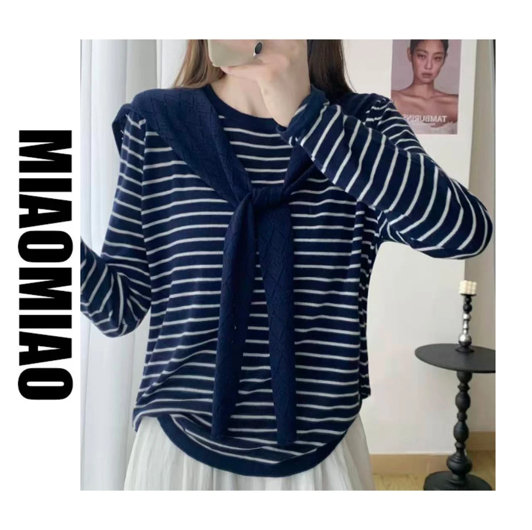 2025秋季新款韩版宽松显瘦披肩针织衫女长袖百搭打底条纹撞色上衣