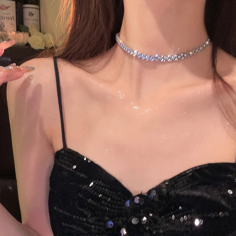 铜合金合成锆石项链 轻奢满钻项链女小众设计感choker颈链锁骨链