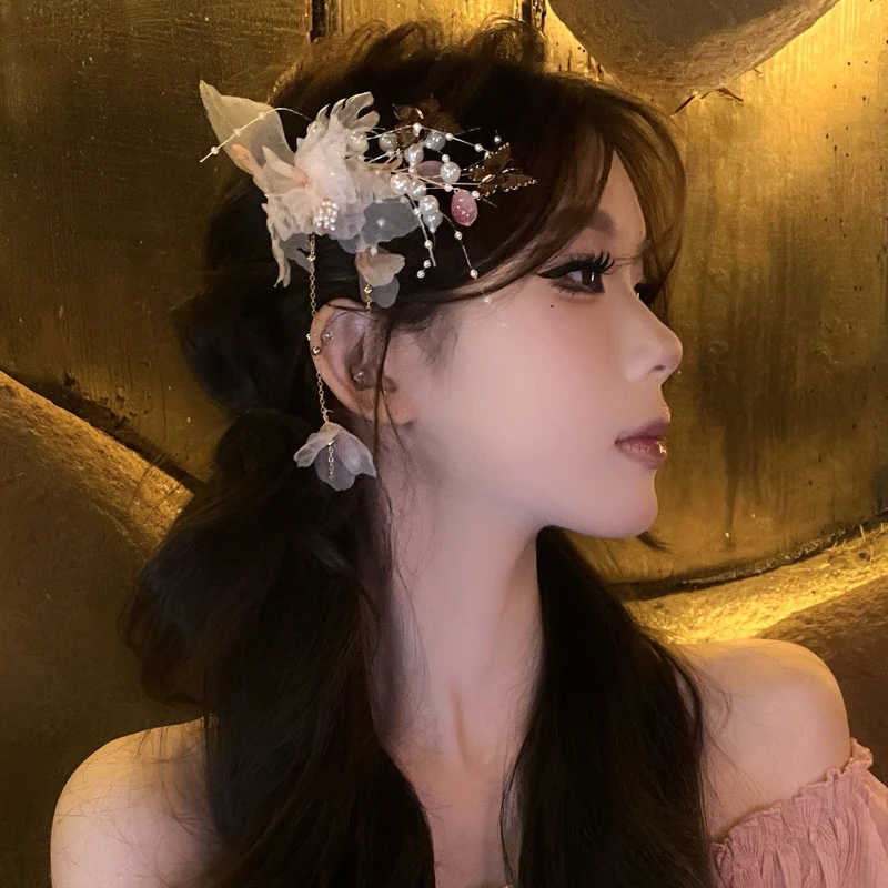 甜美温柔粉色古风仙气花朵发夹纯欲少女仙气造型发饰