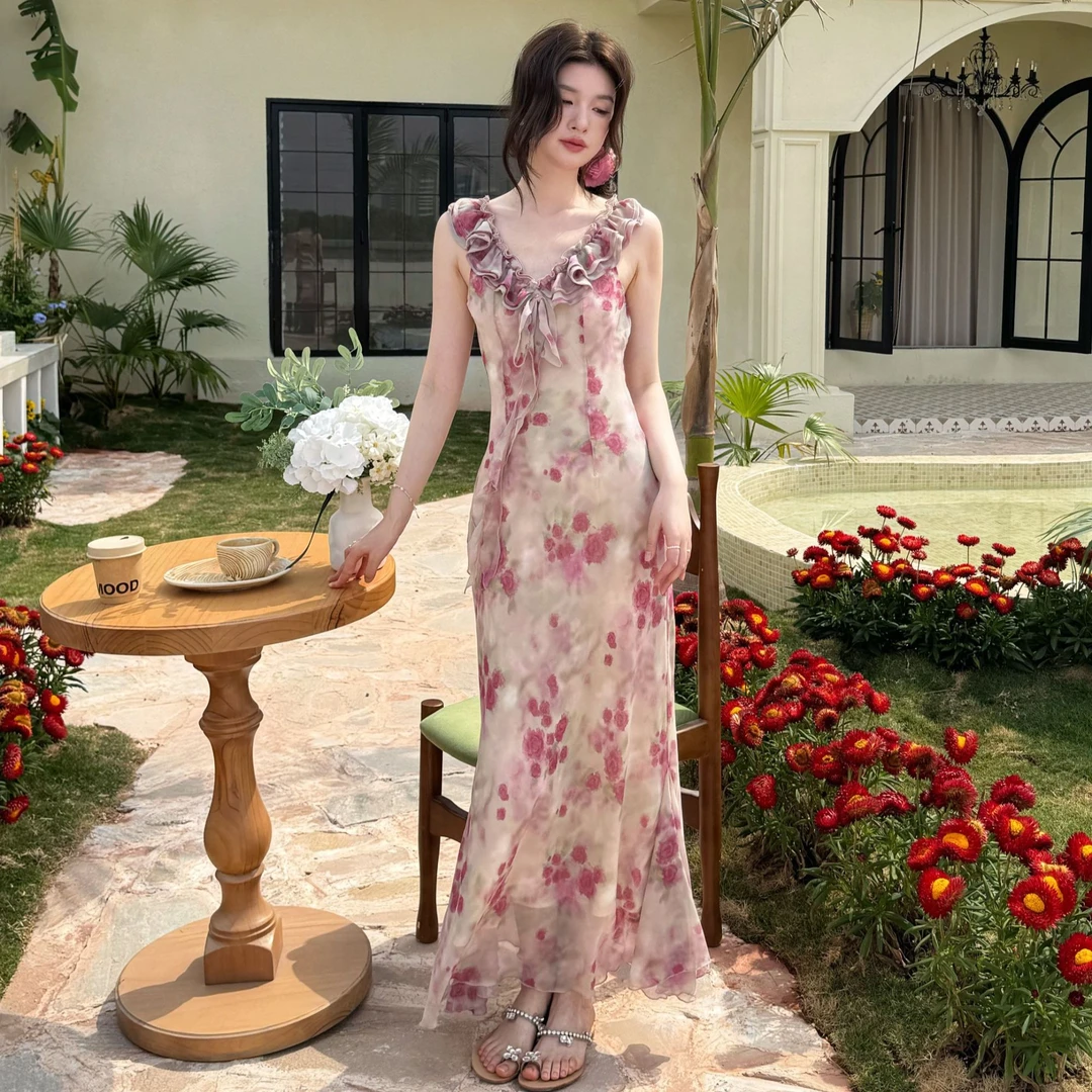 2025吊带连衣裙女夏新款收腰花边法式粉色碎花裙子小碎花连衣裙