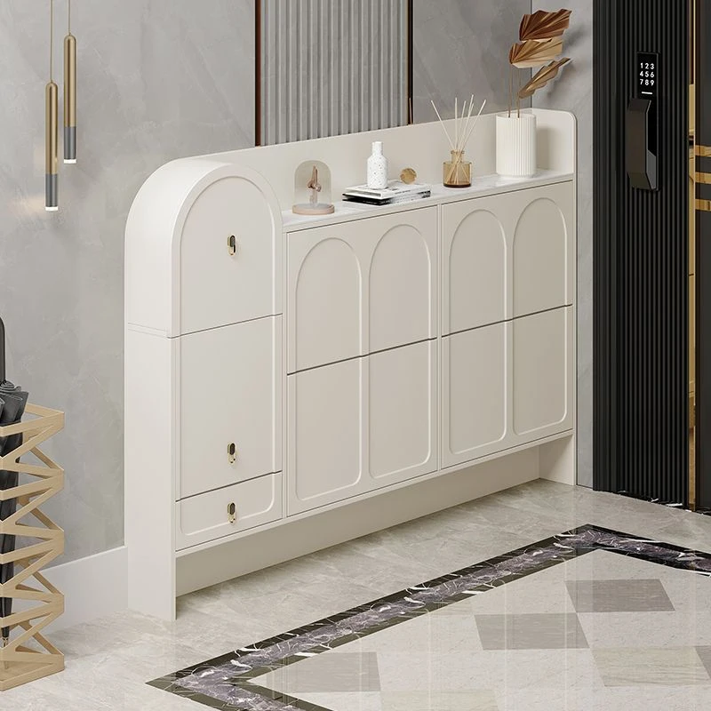 奶油风轻奢翻斗鞋柜家用门口入户玄关柜门后高档窄鞋柜换鞋凳一体