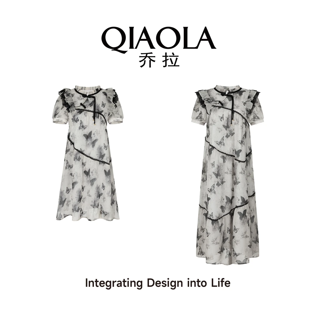 QIAOLA/乔拉【蝴蝶悸梦】夏季雪纺纱蝴蝶木耳边中式裙子