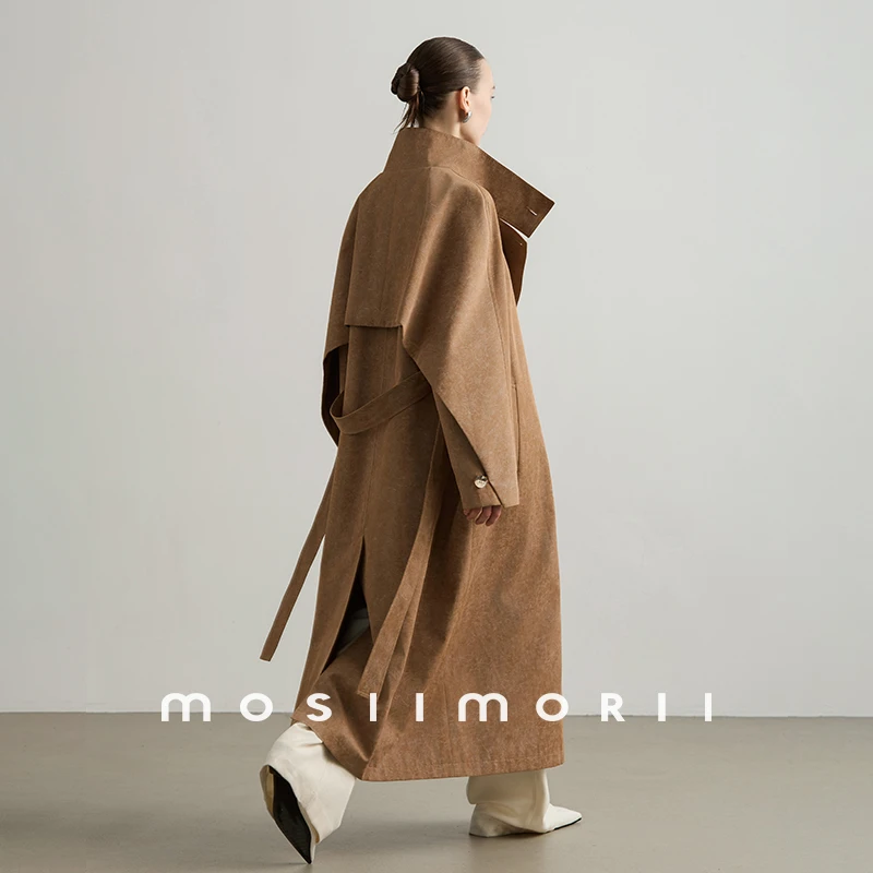 【沙丘】伞形复古气质简约设计师中长款经典宽纯色搭时尚烟囱领风衣