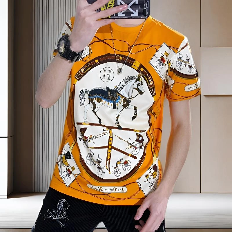 内米霍切夏季新款男士潮流T修身休闲金马印花烫钻丝光棉短袖t恤