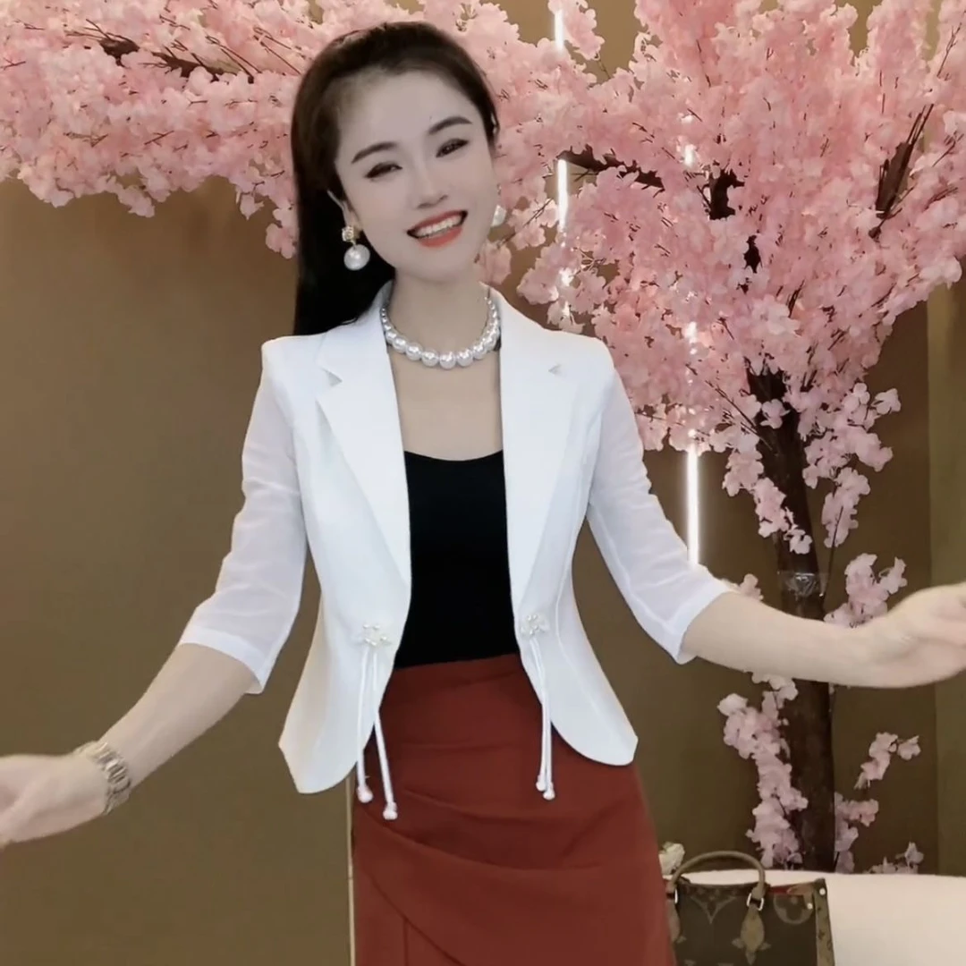 新中式气质小西装外套女新款盘扣时尚复古网纱拼接外搭小开衫上衣