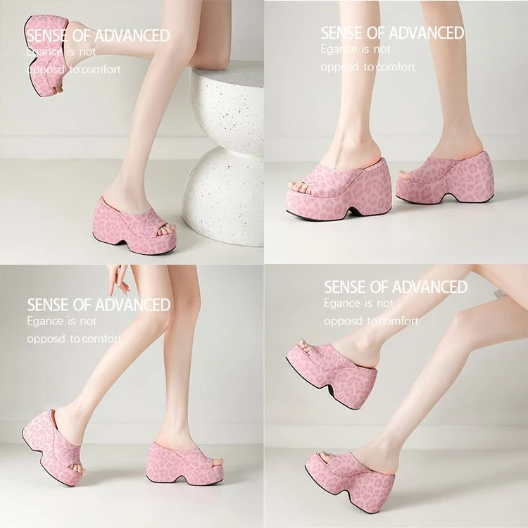 夏季松糕厚底高跟拖鞋女坡跟增高蓝色白色外穿凉拖大码凉鞋YMA