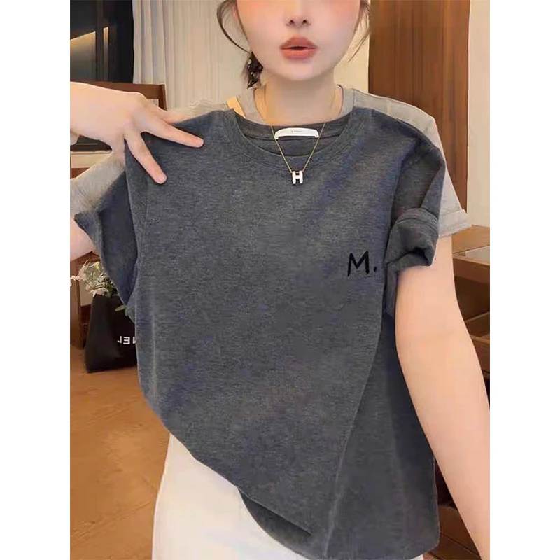 2025新款正肩短袖t恤女时尚休闲百搭深灰色上衣薄款打底衫夏季潮