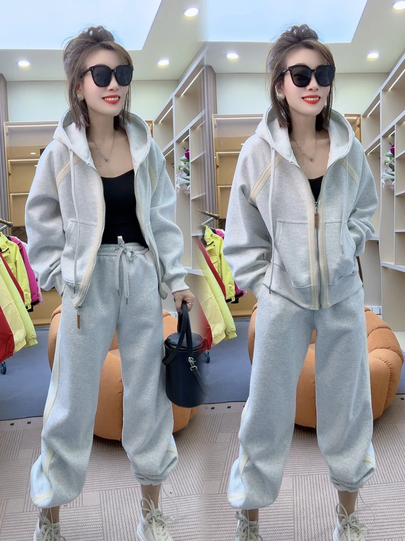 拼色拉链卫衣卫裤两件套