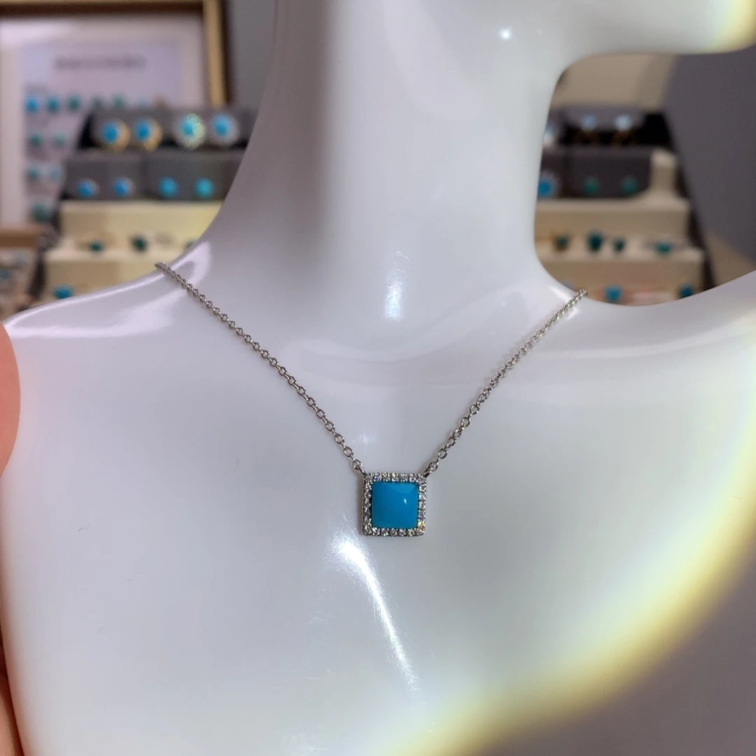 银S925镶嵌绿松石方糖项链