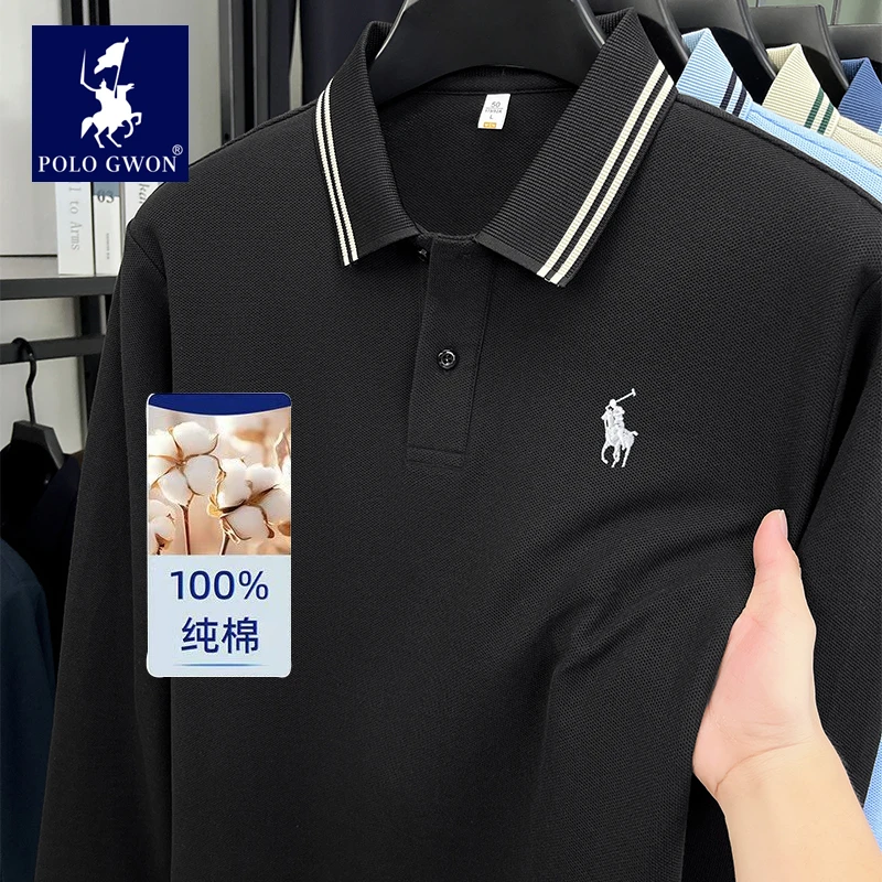 POLOGWON/保罗秋季纯棉长袖翻领男t恤商务休闲polo衫宽松透气上衣