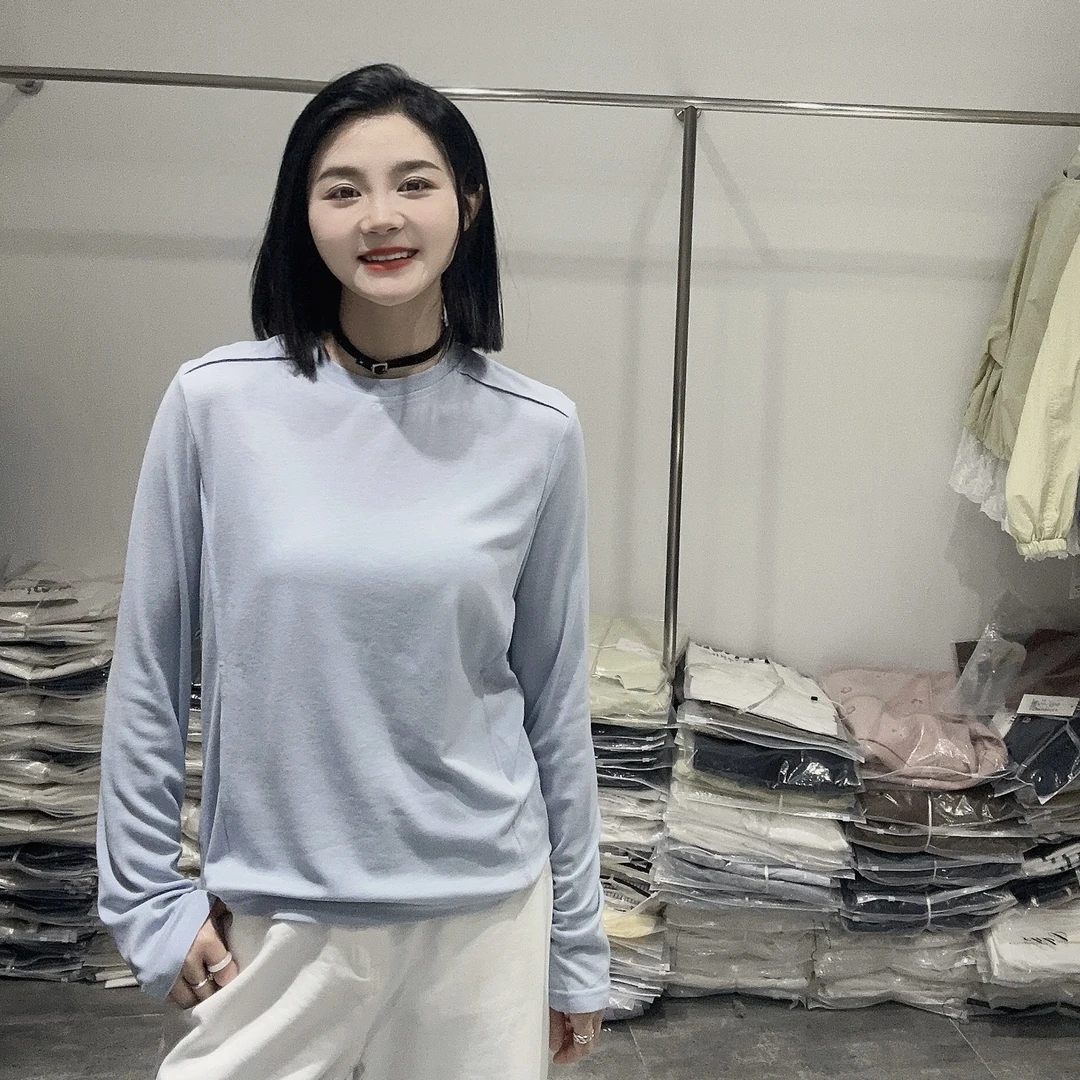 LMM 8873 简约百搭圆领长袖T恤女2025早春新款打底衫体恤防晒小衫