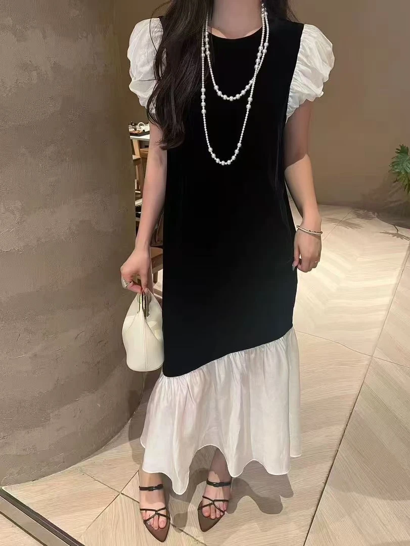 设计感圆领拼接撞色花边气质醋酸连衣裙