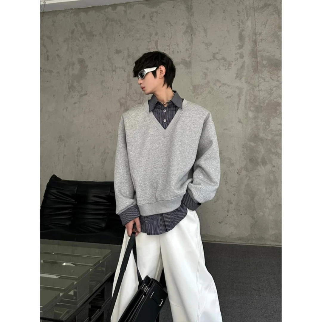 灰色假两件卫衣男春秋拼接设计简约长袖T恤美式复古宽松情侣上衣