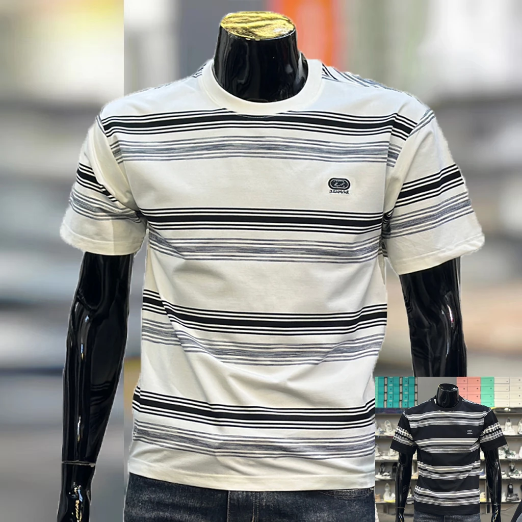 主航道夏黑白条纹T恤男微阔美式圆领短袖休闲落肩男士时尚潮牌T恤
