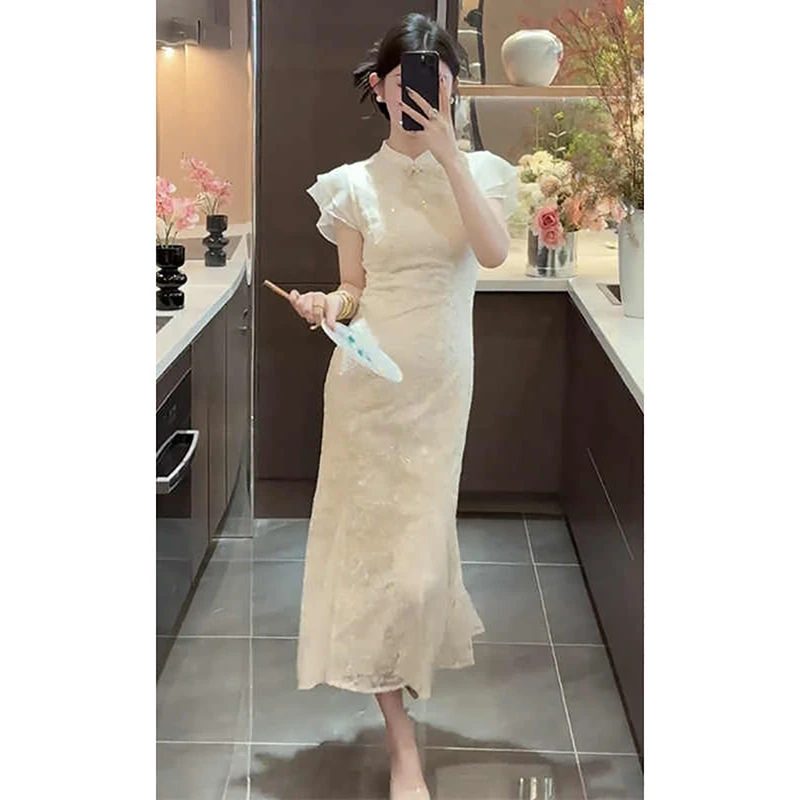 新中式气质国风旗袍连衣裙2025超火夏季新款白色仙气收腰长裙女装