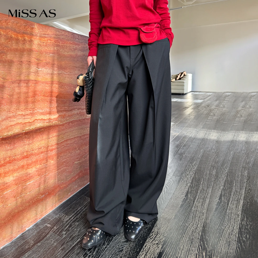 【YOEYYOU】黑色宽松百搭简约大叠褶长裤女款26早春新品