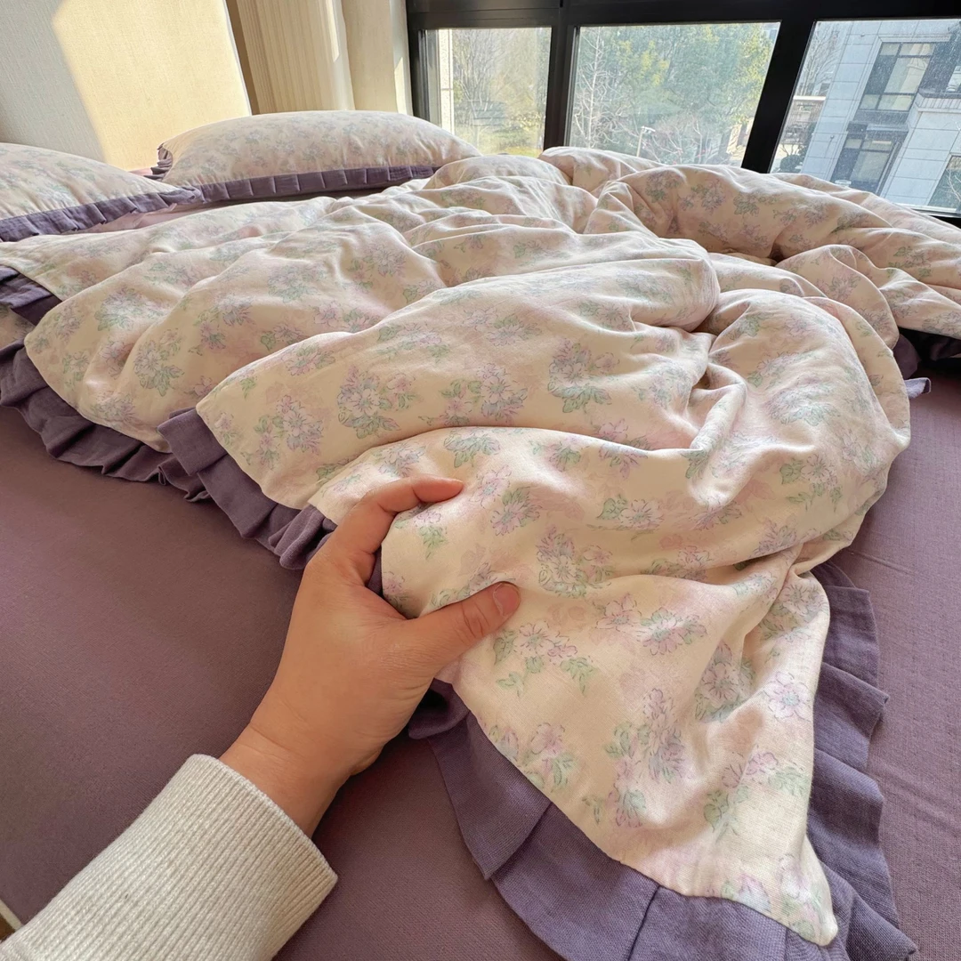 A类纯棉双层纱四件套全棉套件花边公主风床上用品裸睡床单被套1.8