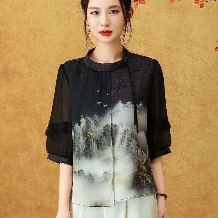 妈妈装夏季妈夏装雪纺短袖恤中老年女性夏季薄款翻领中袖衬衫潮