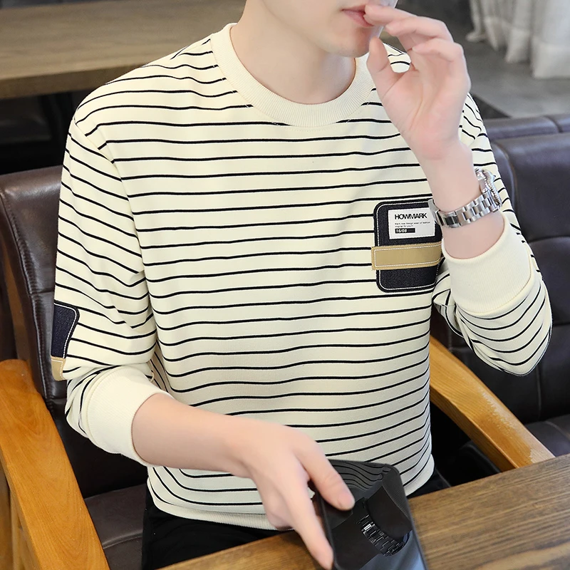 高档新款圆领条纹卫衣男士春秋季时尚长袖T恤打底衫宽松潮流男装