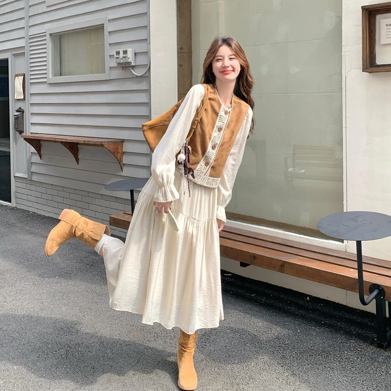 美拉德旅游穿搭套装裙女2025春秋新款氛围感法式INS风马甲连衣裙