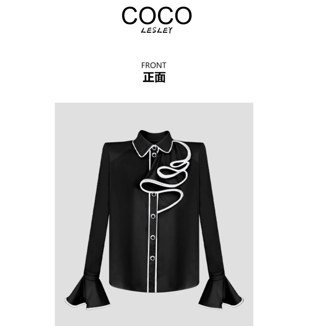 【COCO LESLEY】新款宽松时尚拼接黑白线条气质衬衫百搭衬衣