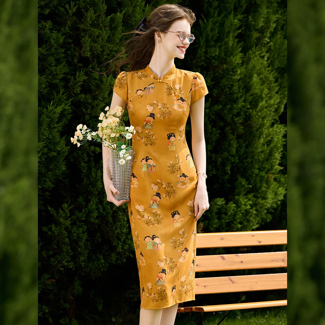 白鹿语25夏新款修身轻国风气质旗袍印花立领短袖连衣裙女WYU20167
