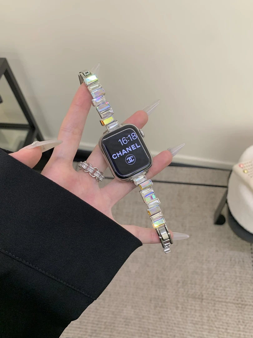 适用苹果手表s10不规则表带彩钻金属女款applewatch987se小米9pro