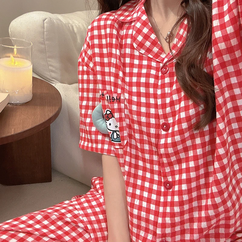红格kitty三件套睡衣女2025新款夏季天短袖短裤长裤春秋款家居服