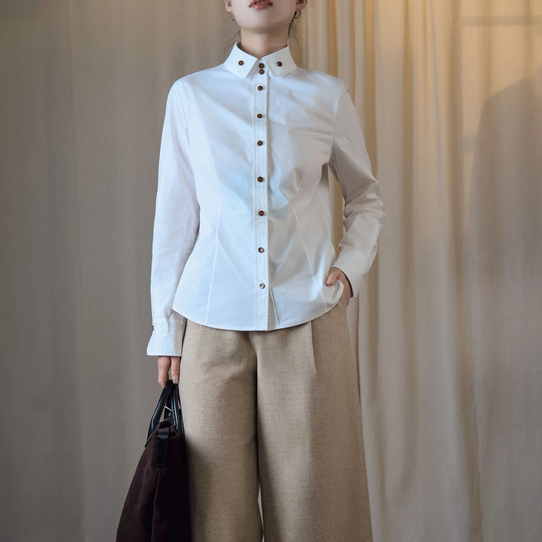 【EMPRESS/恩比麗蕬】冬季内搭白衬衫长袖休闲修身复古文艺禅意