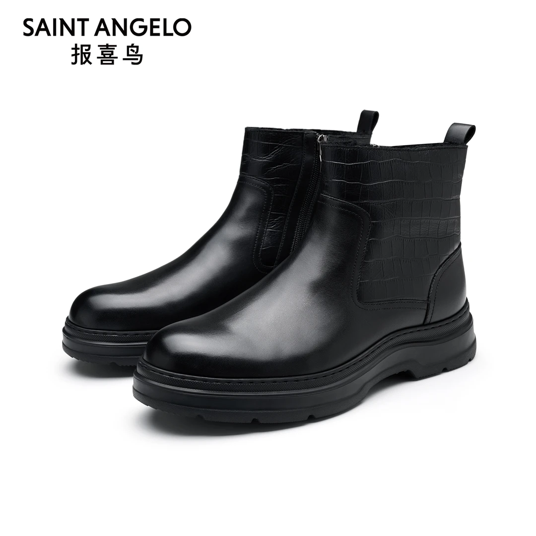 报喜鸟靴子冬季男士切尔西靴真皮防滑短靴加绒保暖皮毛一体棉靴