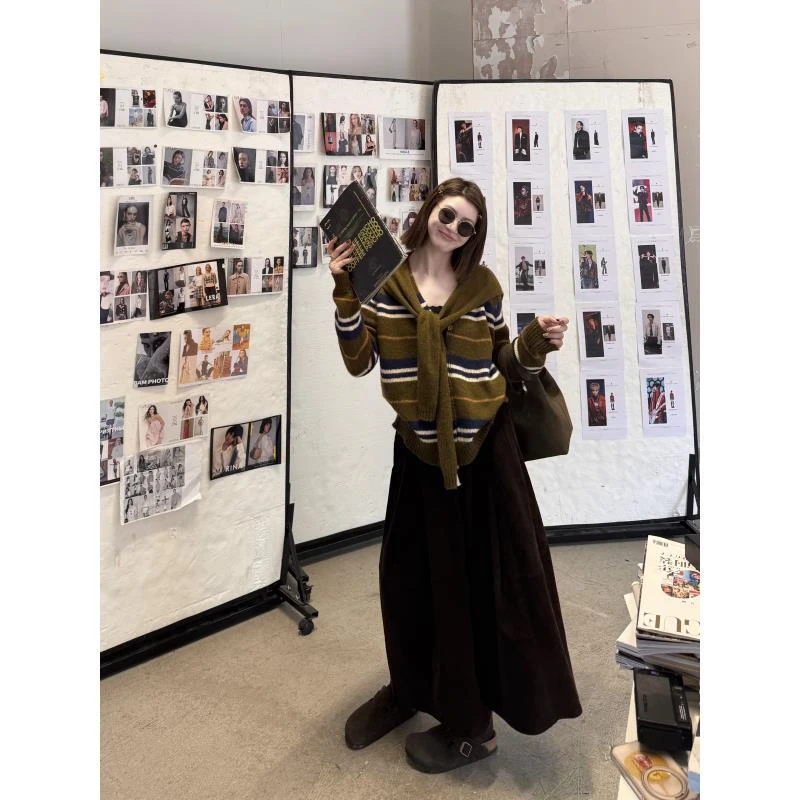 木卡家【条纹V领毛衣】定制款秋款新款韩系撞色宽松披肩毛衣两件套2