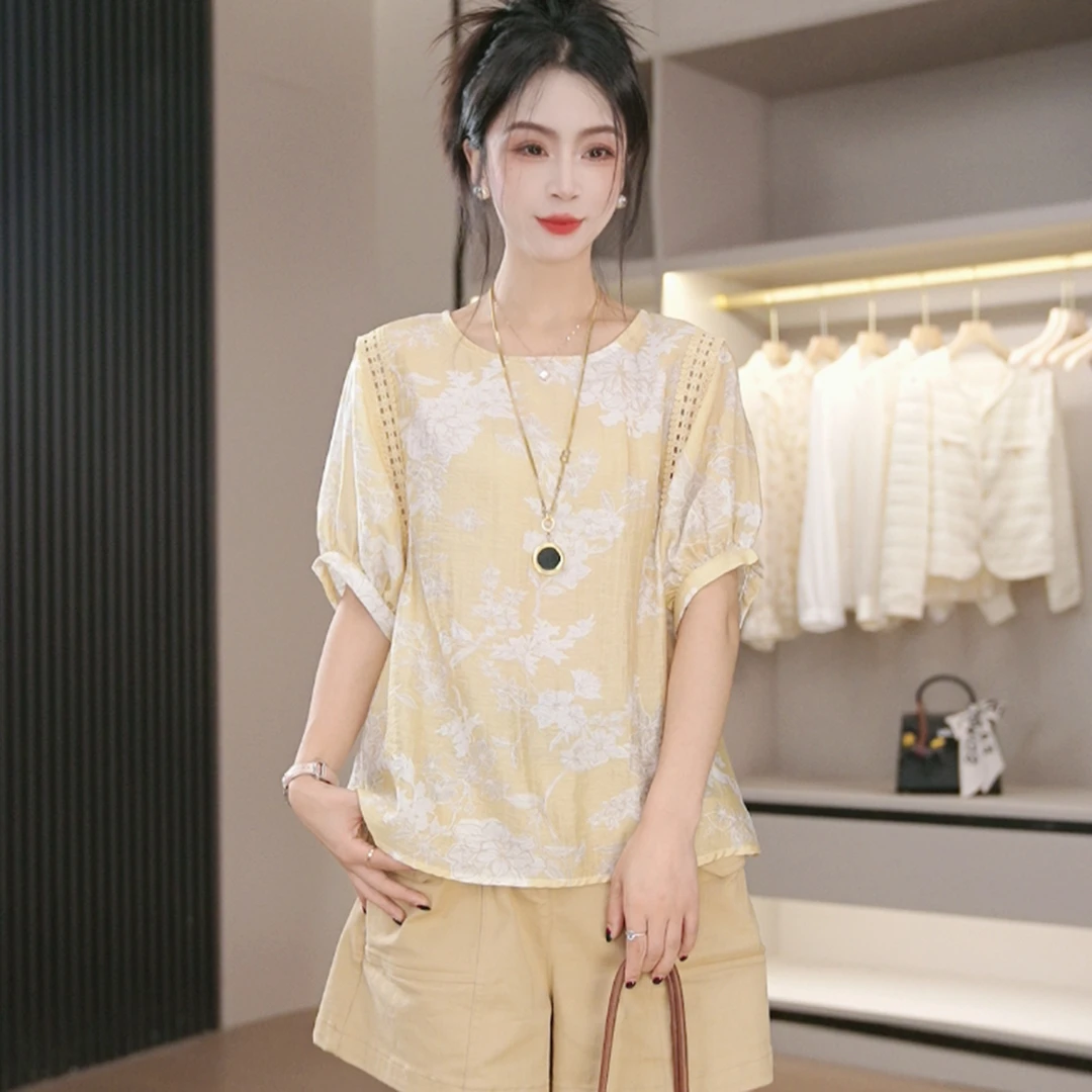 【风铃浅黄】夏季新款上衣时尚洋气减龄显瘦印花衬衫女