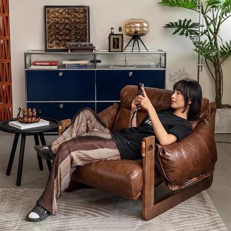 单人沙发椅泽西岛椅客厅中古风皮沙发椅子休闲懒人椅实木复古躺椅