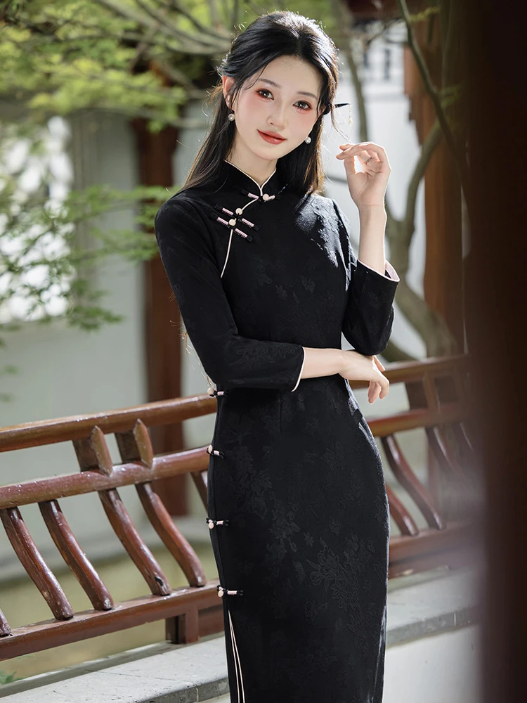 秋冬新款中长款单层气质新中式改良日常穿高开叉旗袍